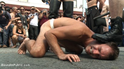 Photo number 3 from Folsom Street Whore tormented in front of thousands of people   shot for Bound in Public on Kink.com. Featuring Connor Maguire, Cameron Kincade and Jessie Colter in hardcore BDSM & Fetish porn.