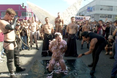 Photo number 5 from Folsom Street Whore tormented in front of thousands of people   shot for Bound in Public on Kink.com. Featuring Connor Maguire, Cameron Kincade and Jessie Colter in hardcore BDSM & Fetish porn.