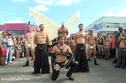 Photo number 1 from Folsom Street Whore tormented in front of thousands of people   shot for Bound in Public on Kink.com. Featuring Connor Maguire, Cameron Kincade and Jessie Colter in hardcore BDSM & Fetish porn.